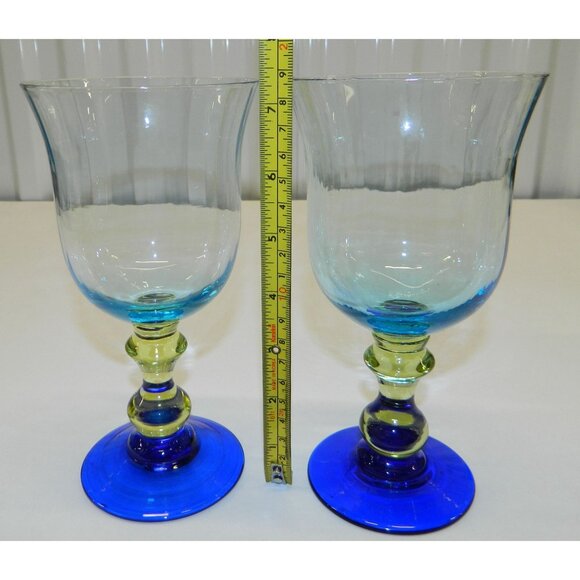 Anthropologie Glass Galleria 7 1/4" Wine Water Goblet Glass Blue Green Set Of 2 - Picture 6 of 10